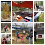 Collage: Spielbereich im Freien und helfende Personen bei der Erneuerung eines Sandkastens