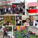 Collage: Helfergruppe und Spielgeräte bei der Spielplatzaktion
