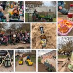 Collage: Impressionen der Spielplatzaktion mit Gruppenfoto, kindern und Erwachsenen bei der Arbeit